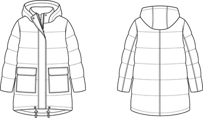 Technical fashion of a hooded puffer jacket with pockets and drawstring hemline clothing © MstShapla
