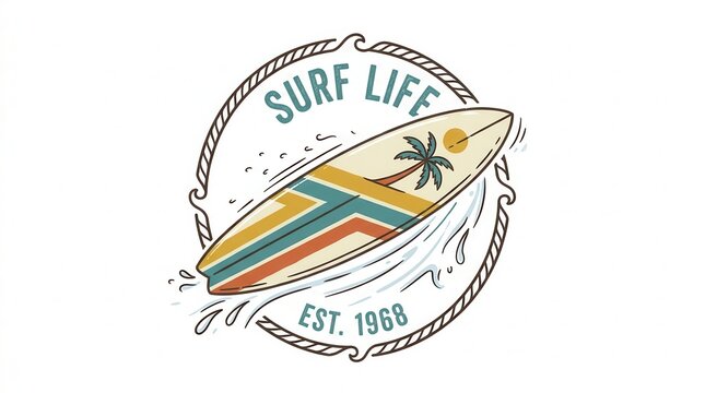 Surf Life Vintage Logo with Surfboard and Palm Tree