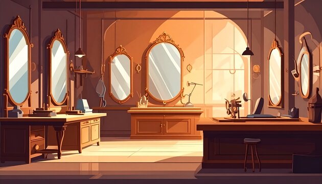 Elegant vintage dressing room with ornate mirrors and wooden furniture.
