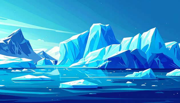 Frozen Arctic Landscape with Towering Icebergs and Glaciers.