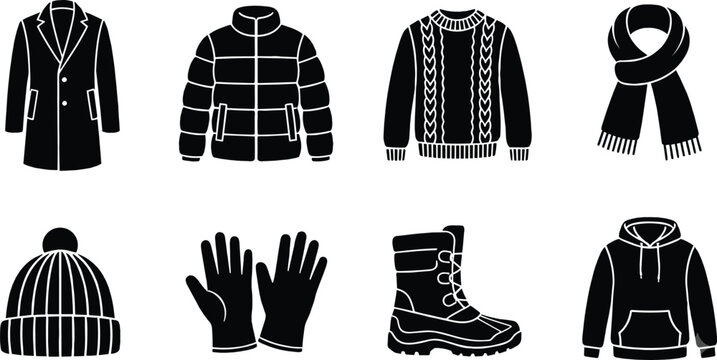 Set of winter clothing icons including jacket coat sweater scarf hat gloves boots and hoodie