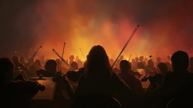 A large orchestra performs in a vibrant concert hall, their silhouettes highlighted against a backdrop of warm, fiery stage lighting.