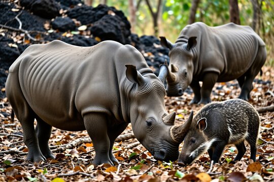 Two large rhinoceros walk in forest. Adult rhino, small white lipped peccary interact on ground with dry autumn leaves. Wild animals stand in nature park environment. Endangered mammal species forage