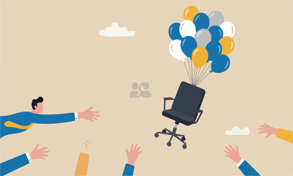 Candidate grabbing vacancy chair, human resources, HR recruitment concept, candidates hand trying to grab office chair flying in the air with balloon