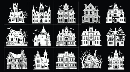 Obraz premium A comprehensive halloween vector bundle featuring a collection of spooky haunted house silhouettes perfect for festive holiday graphic design project needs