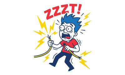Fototapeta premium Man Getting Electric Shock from Frayed Cable Cartoon