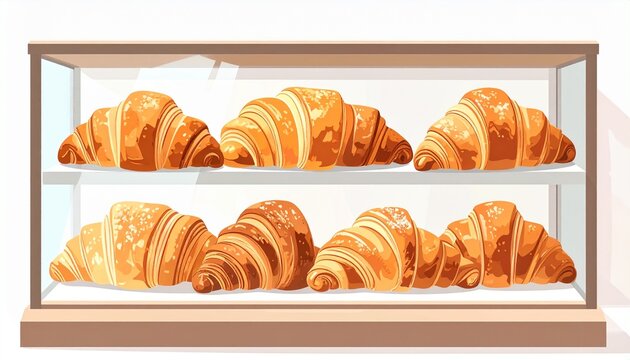 Golden brown croissants arranged in a wooden tray.