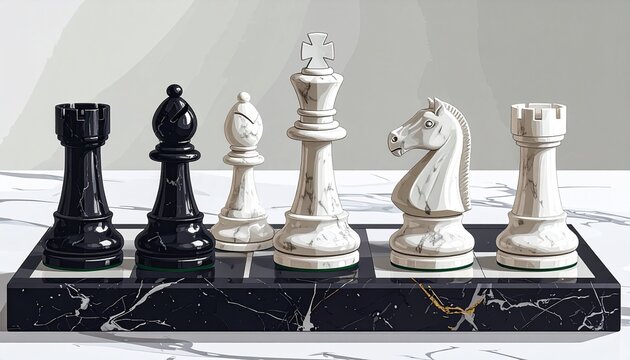 Elegant black and white chess set on marble board.