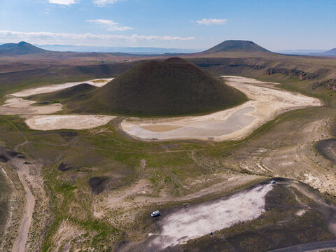 Stunning aerial view of Meke Crater Lake in Karapnar, Konya, Turkey during a clear day