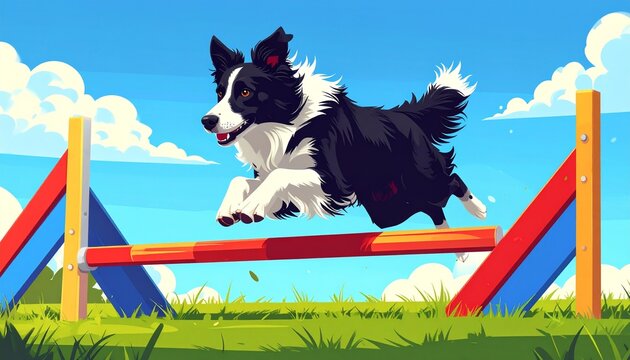 Black and white cat leaping over colorful hurdle in garden.