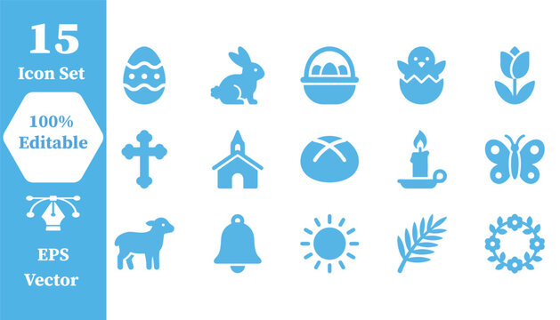 Set of 15 easter holiday icons with celebration religion butterfly religious