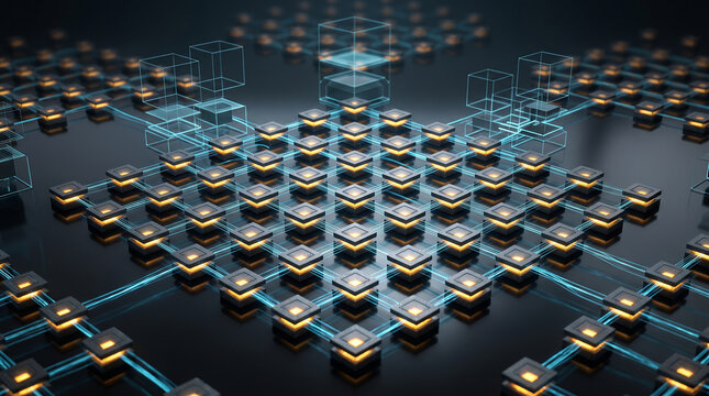 Blockchain digital network glowing cubes blue lines decentralized data pathways distributed computing abstract connectivity futuristic technology visualization   generative ai