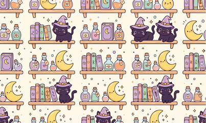 Fototapeta premium Cute kawaii Halloween black cat and magic potions seamless pattern, pastel spooky bookshelf vector background for fabric and apparel printing