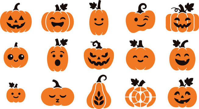 Set of cute hand drawn halloween pumpkin icons with various funny faces and expressions on white background