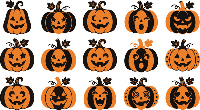 Set of fifteen hand drawn jack o lantern pumpkin stickers with various funny and spooky facial expressions