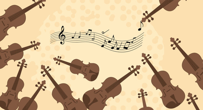 Musical background pattern displays scattered brown violins and melodic notes on a soft textured cream colored backdrop.