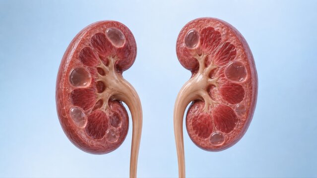 Renal cysts in both kidneys shown in premium clinical CGI. Thin walled fluid filled cysts create clear benign kidney cyst concept on clean medical background.