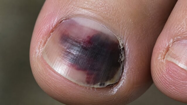 Extreme macro of subungual hematoma on bruised toenail