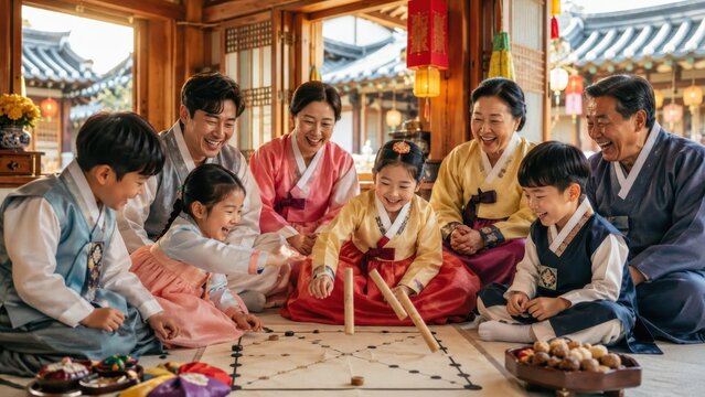 Korean family playing traditional yut nori game during Seollal