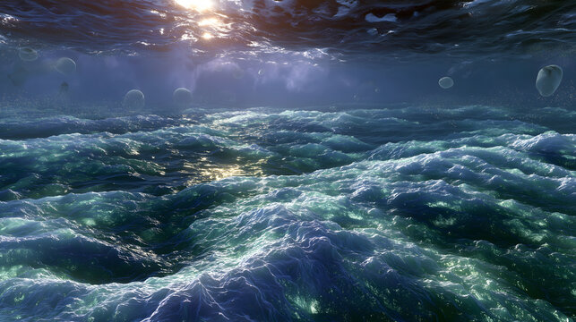 ：Abstract primordial salt ocean chaos concept, pulsing water and cosmic egg, ancient creation narrative, commercial visual asset for education, poster, film and game