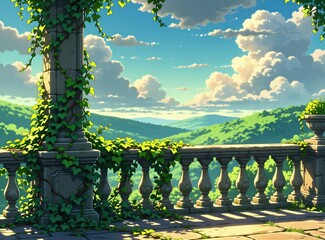 Obraz premium Old stone balcony with green ivy vines overlooks scenic green mountains under blue sky with clouds. Classic terrace architecture features columns, balustrade in sunny garden setting. Beautiful summer