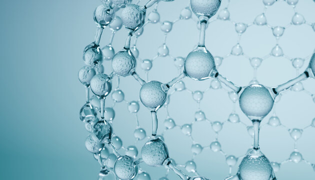 Transparent molecular structure with water droplets, showcasing scientific beauty and complexity in chemistry