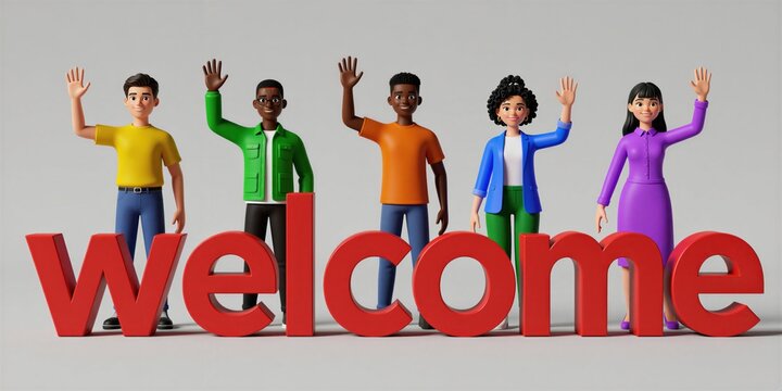 Diverse group of happy young professionals stand behind large red welcome text. Multiethnic people wave hands for greeting gesture. 3d cartoon characters represent friendly team members on white