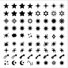 Fototapeta premium Sparkle Star Icon Pack with Black Celestial Twinkle and Decorative Shapes Vector Collection