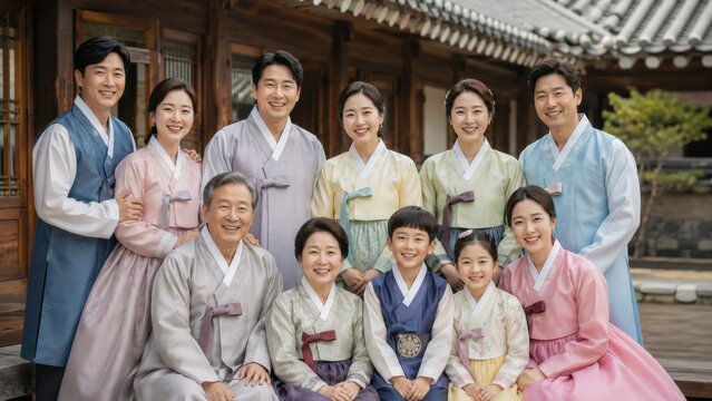Happy Korean family in traditional hanbok at hanok house