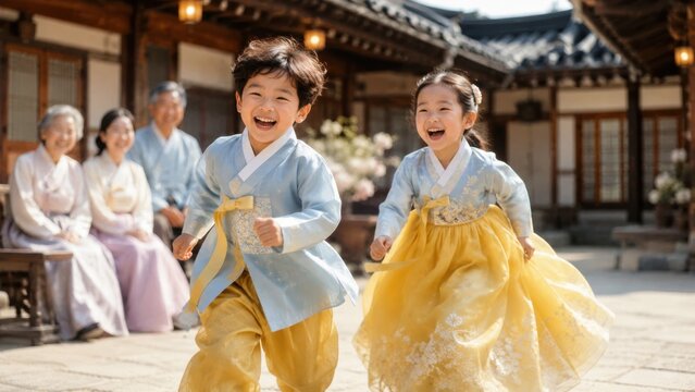 Happy Korean siblings in hanbok running in hanok courtyard