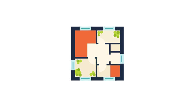 Modern apartment floor plan with orange rooms and indoor plants
