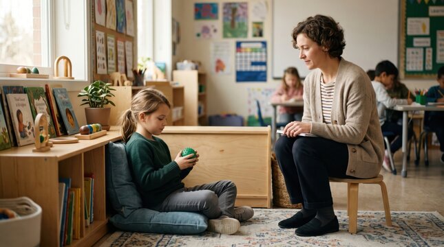 Child sits quietly in calm corner while teacher stays nearby, creating primary school image about emotional regulation, safety and gentle support after difficult moment.