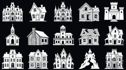 Obraz premium Set of white silhouette icons featuring a halloween vector bundle of spooky haunted houses castles and old mansions on black background