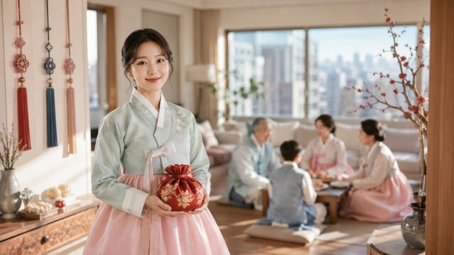 Korean woman in hanbok holding lucky pouch for Seollal