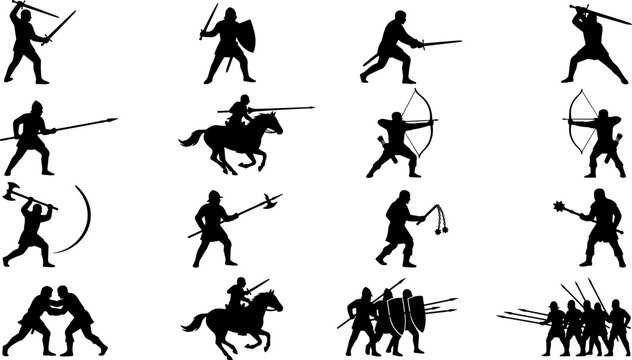 Medieval Warrior and Knight Silhouettes Set with Swords Spears Axes and Archer Poses