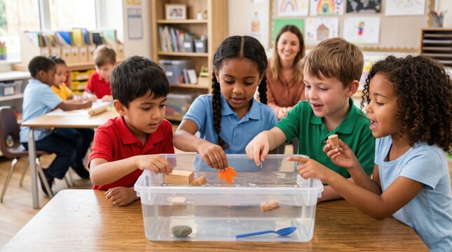 Children test floating objects in clear water tub, creating primary school STEM image about prediction, experiment, teamwork and hands on discovery in class.