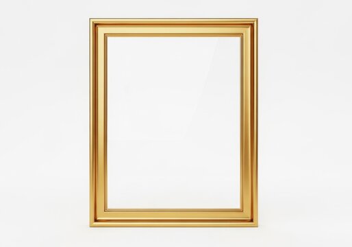 Empty gold picture frame with a clean white center isolated on a plain white background as a professional 3d render