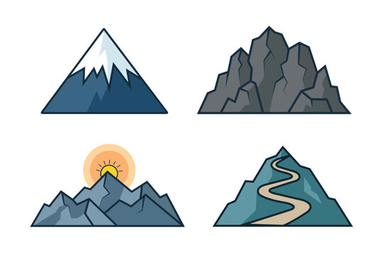 Set of four mountain vector icons featuring peaks landscape and travel path.