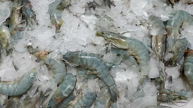Closeup of raw prawns on ice 4k video 