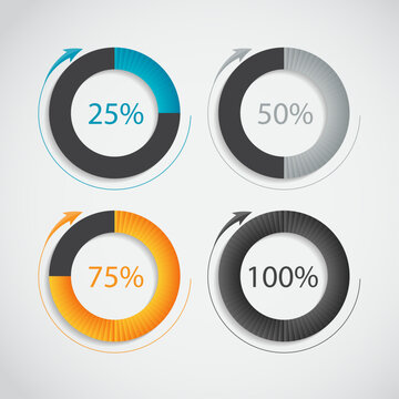 Progress charts with percentage indicators showing twentyfive fifty seventyfive and onehundred percent completion