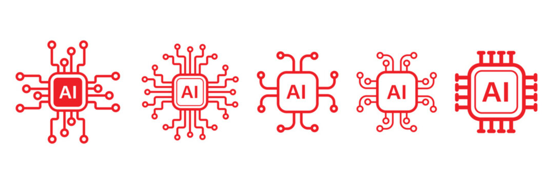 Artificial intelligence icon, sign, logo in the circuit line style. AI processor vector icon flat design. Motherboard digital chip AI. Machine learning design. Artificial intelligence chip icon set.