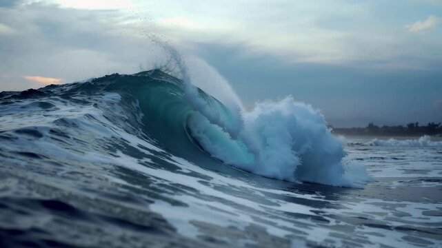 Powerful Ocean Wave Crashing Against the Shore under Dramatic Cloudy Skies Cinematic Nature Footage