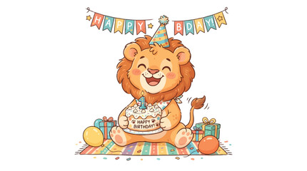 Fototapeta premium Adorable lion cub celebrating first birthday with cake and presents illustration