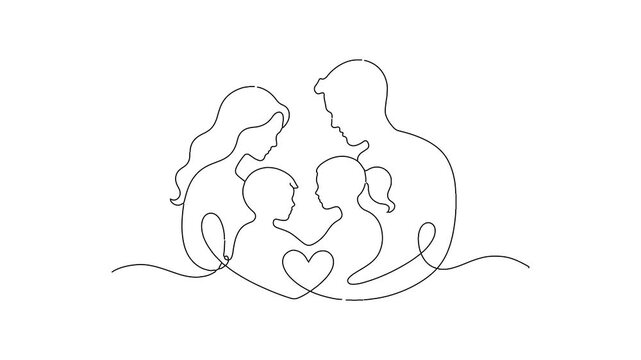 Continuous line drawing of a happy family with two children and a heart symbol