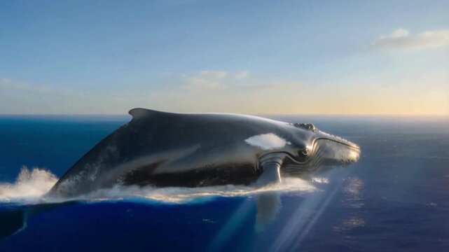 A giant humpback whale leaps toward the surface of the deep blue sea. The whale's dark, sleek body appears to hover in the air