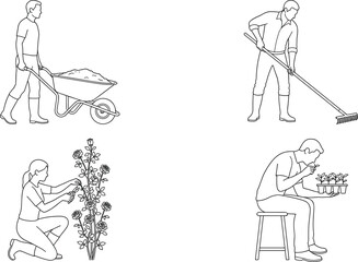 Obraz premium Black and white vector line art set of gardeners planting, raking, and pruning roses