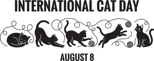 A decorative black and white illustration featuring silhouettes of playful cats to celebrate the annual global event known as international cat day © MDMasud