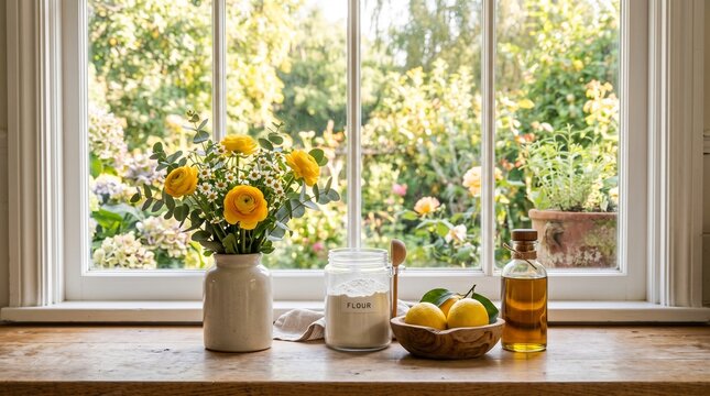 Bright flowers in vase on kitchen counter with fresh fruit and garden view