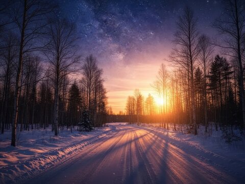 Winter landscape with snowy road at sunset and starry sky