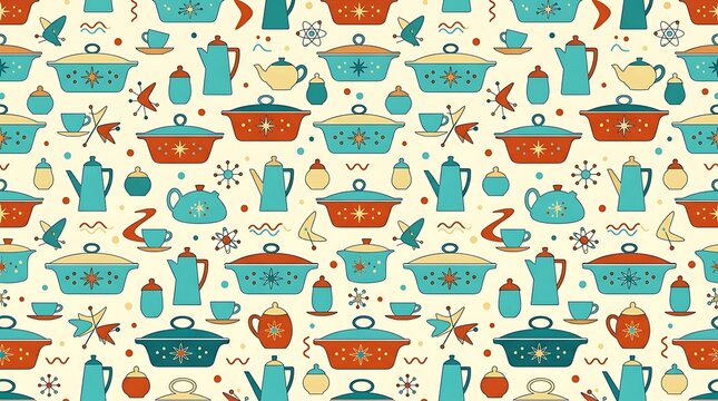 Midcentury modern kitchenware seamless pattern with retro cookware